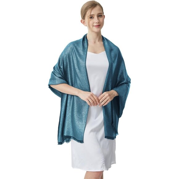 Pashmina Shawl Wraps Scarf Formal - Hollyhock Blue & Gold - Picture 1 of 6